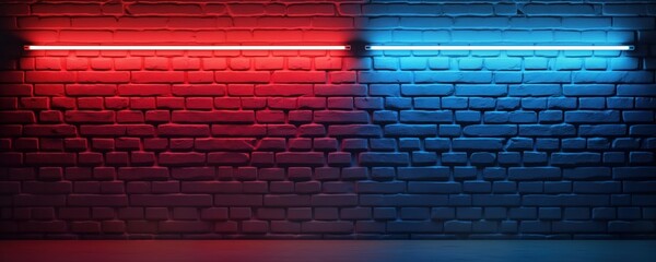 Aufkleber - Neon red, blue lights illuminate brick wall. Empty studio space. Modern design with vibrant colors. Nighttime setting. Great for club bar. Vibrant effect. Abstract pattern. Interior decoration.