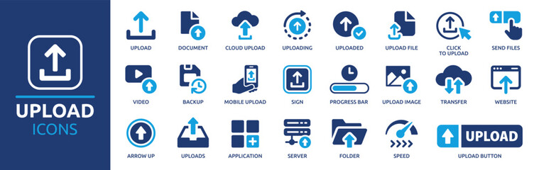 Poster - Upload icon set. Containing uploading, file, button, transfer, server, document, uploaded, arrow up, cloud upload and more. Solid vector icons collection.