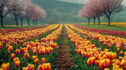 Poster - Spring rainy day blooming sakura garden and in the field red yellow tulips, sakura trees in the distance sunlight.