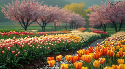 Poster - Spring rainy day blooming sakura garden and in the field red yellow tulips, sakura trees in the distance sunlight.