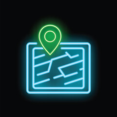Poster - Neon pin showing location on a map icon on black background