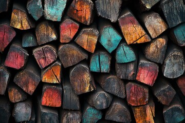 Poster - An assortment of vibrantly colored wooden logs stacked closely together, creating an engaging pattern that highlights a mix of natural and crafted beauty elements.