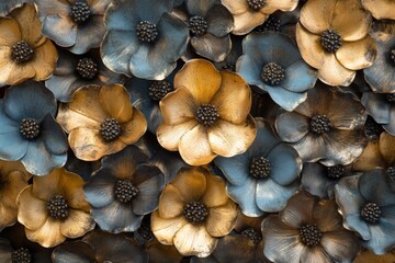 Poster - This image presents a collection of blue and gold ceramic flowers, artistically arranged in a decorative pattern, highlighting the contrast and allure of crafted elegance.