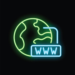 Poster - glowing neon icon of green planet earth presenting blue www sign for world wide web concept