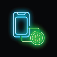 Poster - Neon sign representing a smartphone connected to a dollar coin, concept of online payment or donation