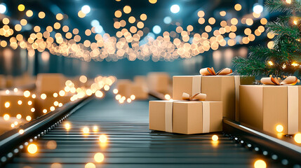 Poster - Christmas delivery of packages on a conveyor belt surrounded by festive lights in a warehouse during the holiday season