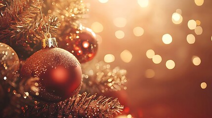 Wall Mural - Close-up of red and gold Christmas ornaments on a decorated tree with bokeh lights.