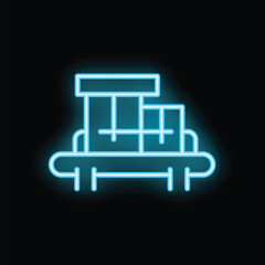 Poster - Neon blue icon of a conveyor belt with cardboard boxes moving on it, representing logistics and delivery