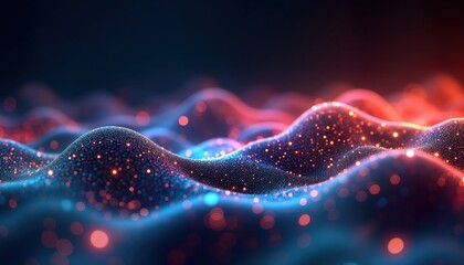 Poster - Abstract digital data background with glowing particles. Futuristic pattern. Network data storage concept. Dynamic wave shapes. Colorful glowing lights. Modern tech design. Suitable for tech,