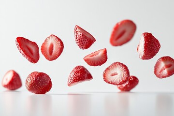 Aufkleber - Image of sliced strawberry halves suspended mid-air, exhibiting vibrant red tones with a clean white background, creating a sense of freshness and motion.