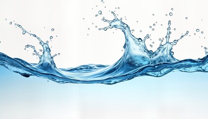 Poster - Clear blue water splashes, waves form dynamic design. Water ripples, droplets show fluid motion. Pure water texture creates abstract image. Isolated on white background for graphic design product