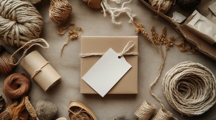 Poster - Brown cardboard box with a blank tag, arranged with eco-friendly packaging materials and natural accents