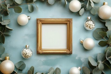 Poster - An elegant gold frame on a textured blue backdrop, bordered by eucalyptus and pearlized ornaments, creating a sophisticated and artistic ambiance.