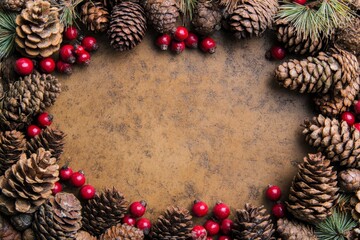 A rustic wreath of pinecones and berries captures the essence of winter warmth and joy, set against a warm brown background reflecting nature’s intricate beauty.