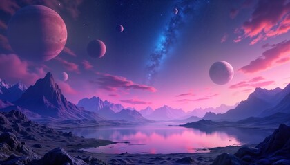 Poster - Purple planet landscape with lake reflecting pink sunrise. Mountains, alien planets dominate scenery. Stars, satellites adorn night sky. Fantastic, futuristic outer space scene. Cosmic landscape full