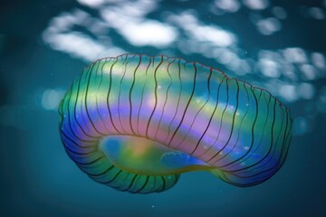 Poster - A mesmerizing iridescent jellyfish, gracefully floats in the deep ocean, exhibiting vibrant colors and intricate details.