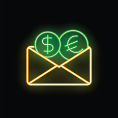 Poster - Neon sign illustrating an open envelope containing a dollar and a euro coin, representing international money transfer