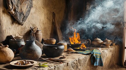 Poster - Rustic kitchen with fire, earthenware, and smoke.