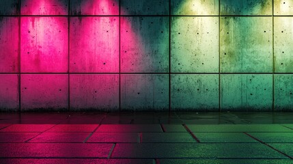 Poster - Grungy concrete wall with colorful neon lights.