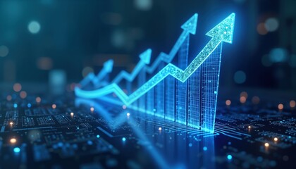 Aufkleber - Digital graphic shows rising stock market graph with bright blue glow. Futuristic tech design with glowing rising arrows. Advanced financial growth trend. Virtual chart displays economic growth,