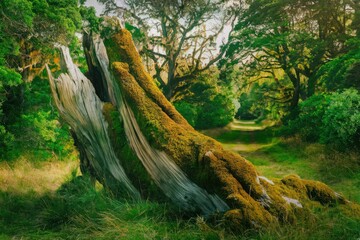 Aufkleber - Moss-covered ancient tree stump in a lush green forest, pathway leads into the woods.