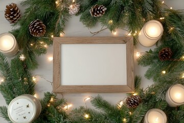 A beautiful holiday display featuring a wooden frame surrounded by lush fir branches and soft glowing lights, creating a warm and inviting seasonal mood.