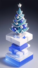 Wall Mural - Minimalist 3D rendering of a Christmas tree on stacked geometric shapes.