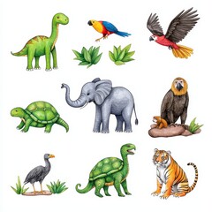 Naklejka na meble A lively contemporary illustration featuring tropical rainforest animals such as an elephant, parrot, and jaguar, perfect for nature and wildlife projects, set against a white background.