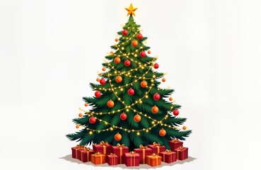 Poster - Festive decorated Christmas tree with bright lights, colorful ornaments. Presents are placed under tree. Cheerful, warm image of Christmas celebration. Perfect for holiday designs, cards, or websites.