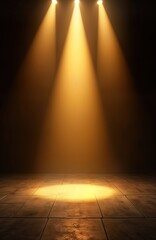 Poster - Golden spotlight illuminates dark stage. Light rays highlight center area. Perfect for theatrical cinematic visuals. Dark background enhances magical fantasy atmosphere. Surreal, captivating image