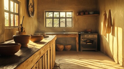 Poster - Rustic kitchen with wooden counter, clay bowls, and sunlit windows.