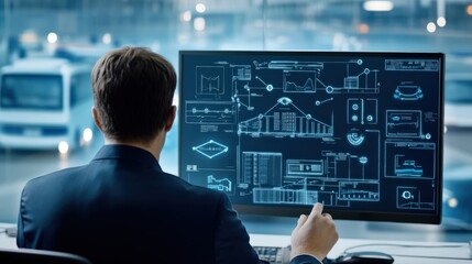Poster - Business Professional Analyzing Advanced Data and Graphs on Computer Screen in Modern Office with Urban Background, Reflecting Technology and Innovation