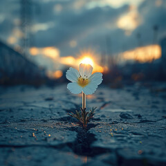 Poster - A small flower emerging from a crack in the dry asphalt, its petals beginning to bloom under a soft, warm ray of sunlight breaking through a cloudy sky.