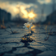 Poster - A small flower emerging from a crack in the dry asphalt, its petals beginning to bloom under a soft, warm ray of sunlight breaking through a cloudy sky.