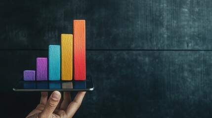 Poster - Colorful wooden blocks forming a bar graph on a tablet, representing growth and data analysis in a modern business environment.