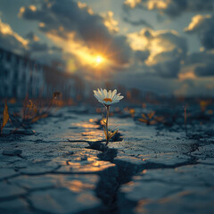 Poster - A small flower emerging from a crack in the dry asphalt, its petals beginning to bloom under a soft, warm ray of sunlight breaking through a cloudy sky.