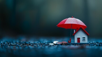 a red umbrella covering a wooden house on coins, illustrating the idea of home insurance and asset p