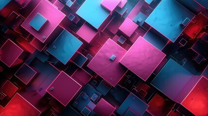 Fototapete - Abstract geometric shapes, metallic and neon surfaces, floating in a dark void, futuristic and high-tech ambiance, sharp contrasts.