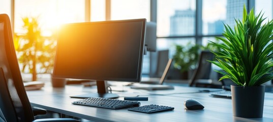 Poster - Modern Office Sunlit Workspace with Computer, Keyboard, and Mouse in a High-Rise Setting