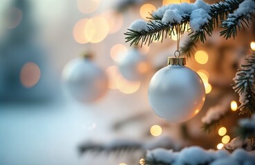 Poster - Snowy Christmas tree branch adorned with gleaming silver bauble. Bokeh lights create festive atmosphere. Winter scene captures holiday magic. Perfect for greeting cards, holiday decor. Trendy pastel
