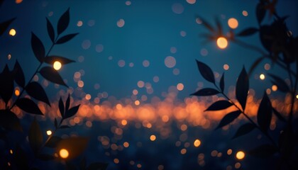 Poster - Night sky background with glowing stars and bokeh lights. Silhouettes of leaves create a mystical atmosphere. Abstract design suitable for various uses.