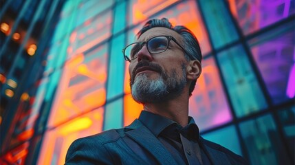 Poster - Happy businessman standing near neon building.