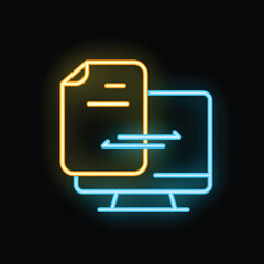 Poster - neon icon of a document transferring data with arrows to a desktop computer