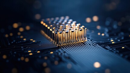 Poster - Intricate Details of a Futuristic Microchip Design Surrounded by Glowing Lights on a Dark Circuit Board Background Representing Technology Progress