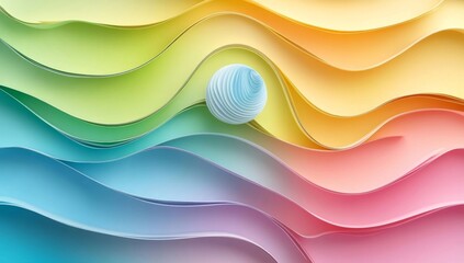 Poster - Abstract Pastel Rainbow Waves with a Light Blue Sphere