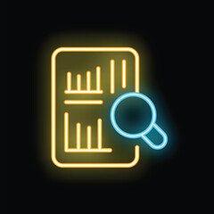 Poster - Neon icon of a magnifying glass examining documents, representing business analysis and data research