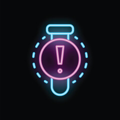 Poster - Bright neon sign showing a warning sign with an exclamation point is blinking on a black background