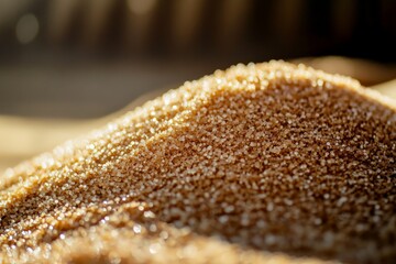 Aufkleber - A close-up of golden raw sugar grains, meticulously captured to illustrate the lustrous shimmer and fine texture, as they bask in warm natural light.