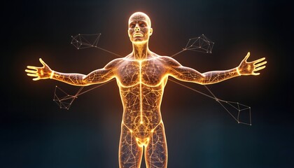 Poster - Glowing 3D human body model projected on dark background. Human anatomy structure highlighted. Biotechnological model illustrates internal structure. Medical research concept. Futuristic illustration