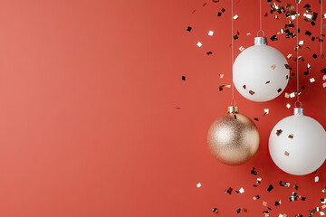 Wall Mural - Christmas ornaments hanging with falling confetti on red background